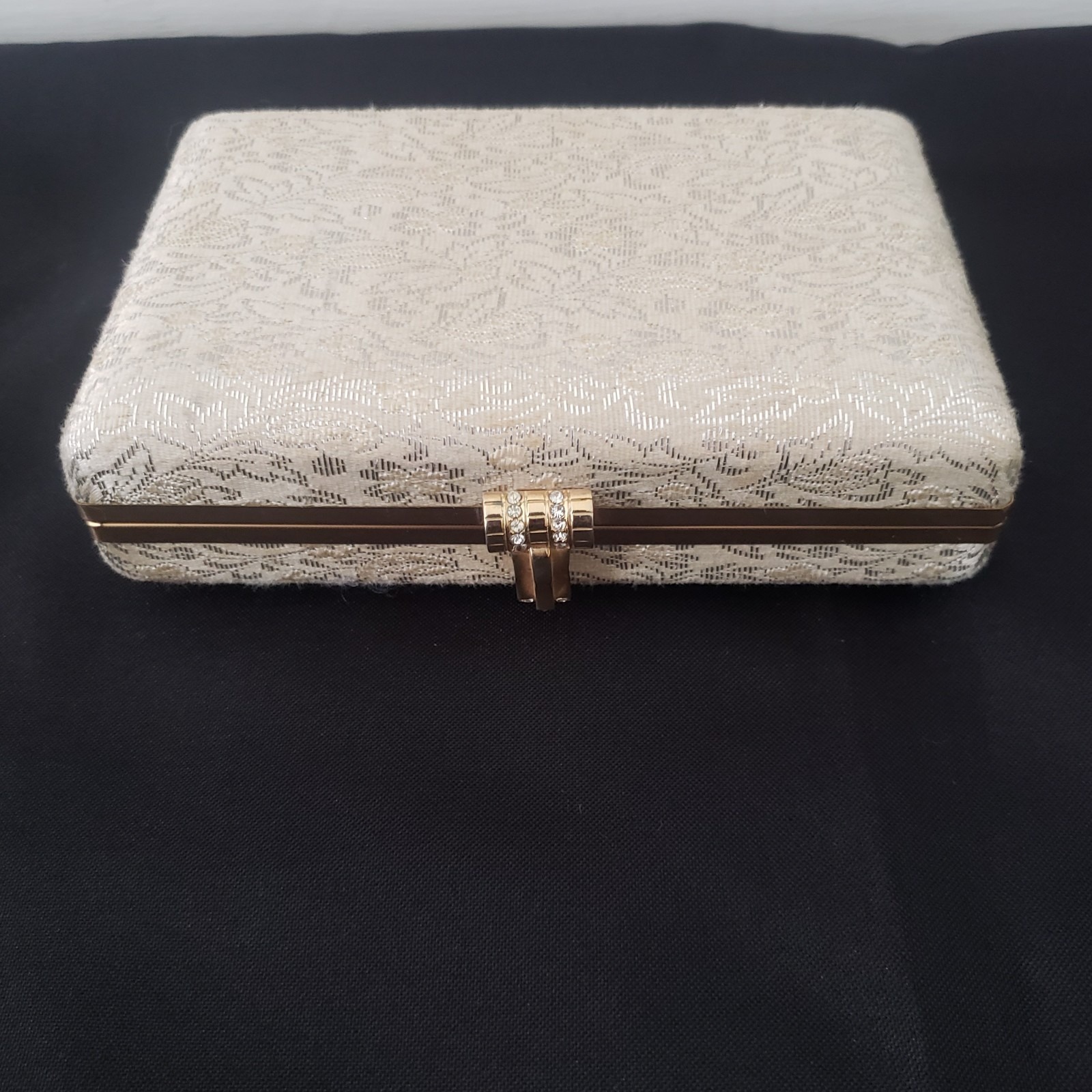 Vintage Velupte Brocade Fabric Clutch Rhinestones Lined Wedding Formal Ivory